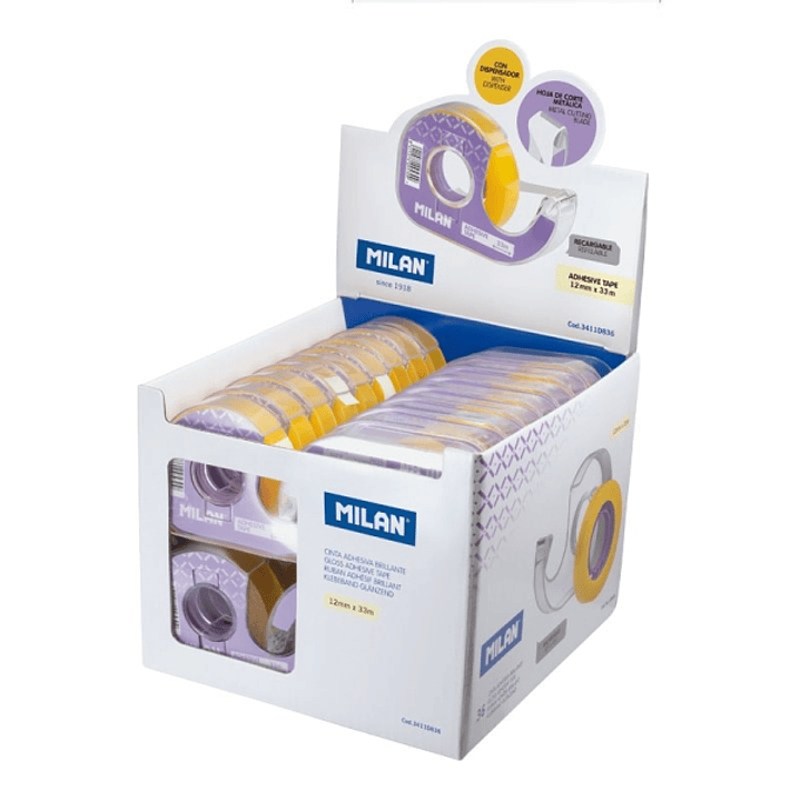 Milan Expositor de 36 Cintas Adhesivas Transparentes con Dispensador - Medidas 12mm x 33m - Color Amarillo Transparente 1