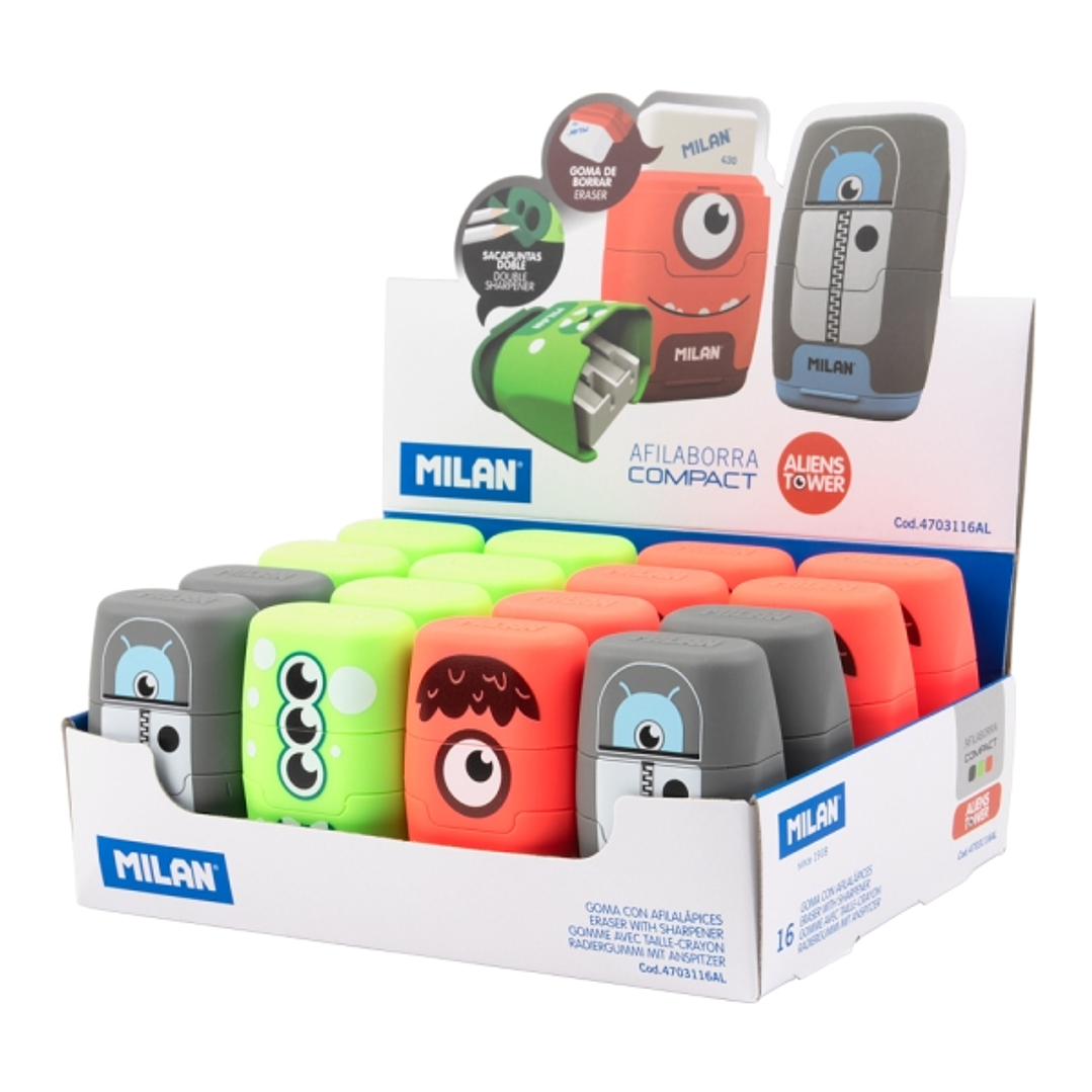 Milan Compact Aliens Expositor con 16 Afilaborras - Goma Miga de Pan - Regular y Maxi - Deposito Integrado - Cuchilla de Acero de Seguridad - Colores  1