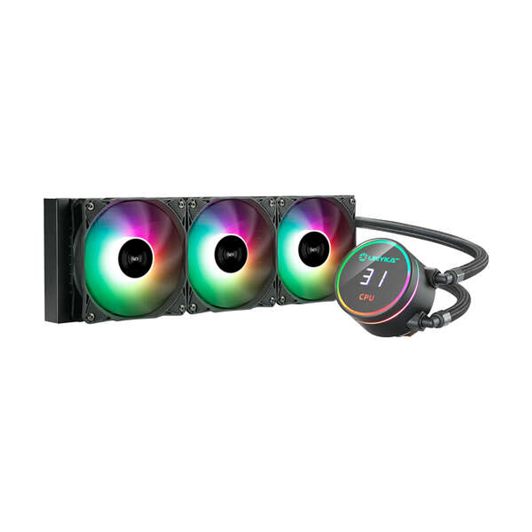 Unykach Aquastorm 360 Kit de Refrigeracion Liquida - 3 Ventiladores de 120mm - Iluminacion RGB - Visualizacion Temperatura CPU - Tubo de 38mm 1