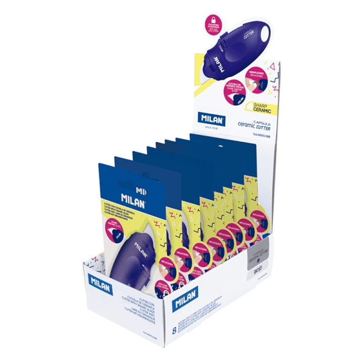 Milan Capsule Acid Expositor con 8 Blisters de Cuters - Hoja Ceramica Reemplazable - Bloqueo de Seguridad - Ergonomico - Color Azul 1