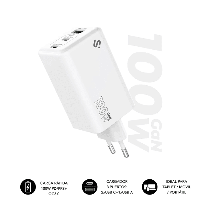 Subblim Cargador de Pared GaN 100W - 3 Puertos (2xUSB-C + 1xUSB-A) -  Carga ultra rápida - Color Blanco 1