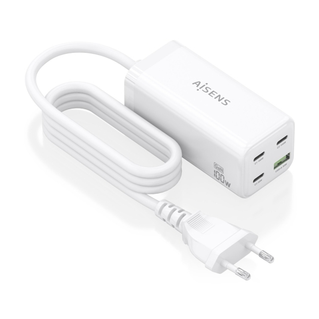 Aisens Cargador GAN 100W - 3xUSB-C PD3.0, QC4.0, QC5.0 - 1xUSB-A QC3.0 - Cable 1.4 Metros - Color Blanco 1