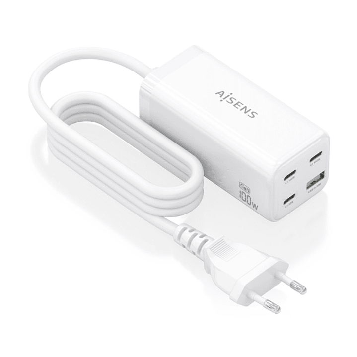 Aisens Cargador GAN 100W - 3xUSB-C PD3.0, QC4.0, QC5.0 - 1xUSB-A QC3.0 - Cable 1.4 Metros - Color Blanco 1