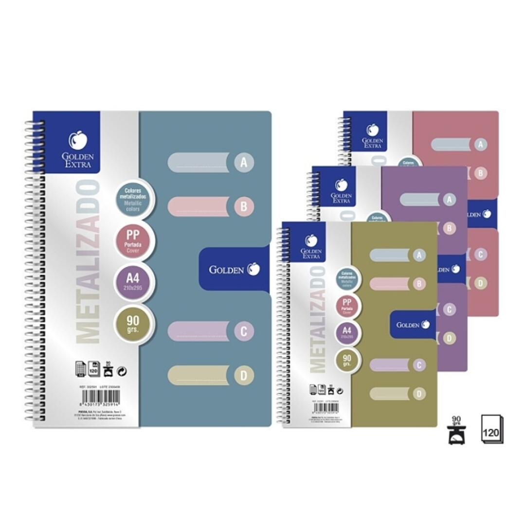 Golden Pack de 6 Cuadernos A4 120 Hojas 90gr Cuadricula 5x5 - 4 Separadores - Tapa Polipropileno - Colores Metalizados Surtidos 1