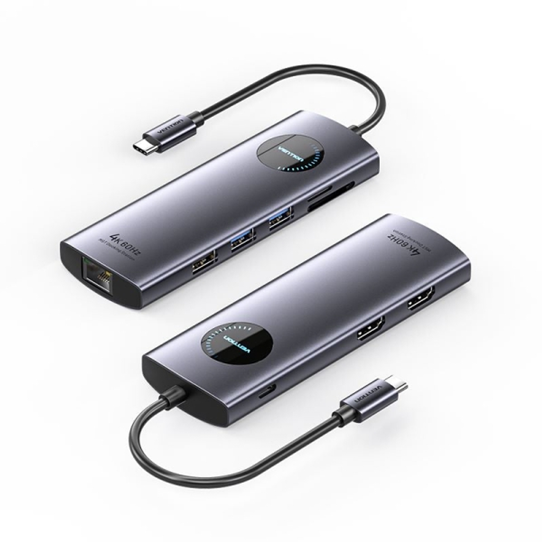 Vention Docking Station 9 en 1 USB-C a 2xHDMI/2xUSB3.0/USB 2.0/RJ45/SD/TF/PD 100W - 0.15m - Color Gris 1