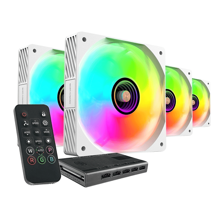 Mars Gaming MF-SI4KIT Pack de 4 Ventiladores de 120mm - Iluminacion ARGB Infinity Mirror - Silencioso 14dB - Mando a Distancia y Hub ARGB - Color Blan 1