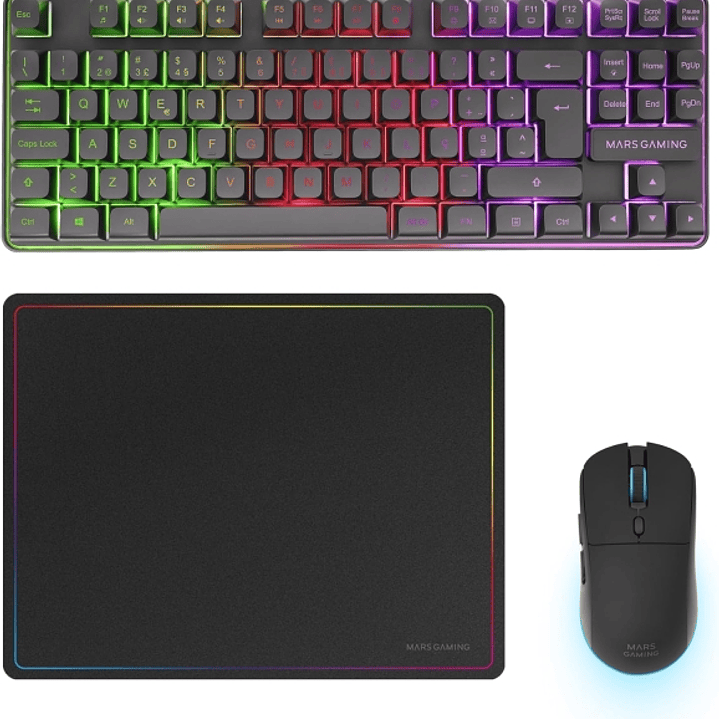Mars Gaming MCPWTKL Combo Pack Gaming 3en1 - Teclado Hibrido H-Mech Formato TKL - Disposicion Portuguesa QWERTY PT - Raton 3200dpi - Switches HUANO -  1