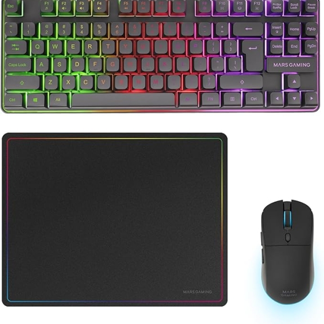 Mars Gaming MCPWTKL Combo Pack Gaming 3en1 - Teclado Hibrido H-Mech Formato TKL - Disposicion Internacional QWERTY US - Raton 3200dpi - Switches HUANO 1