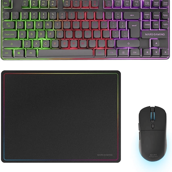 Mars Gaming MCPWTKL Combo Pack Gaming 3en1 - Teclado Hibrido H-Mech Formato TKL - Disposicion Internacional QWERTY US - Raton 3200dpi - Switches HUANO 1