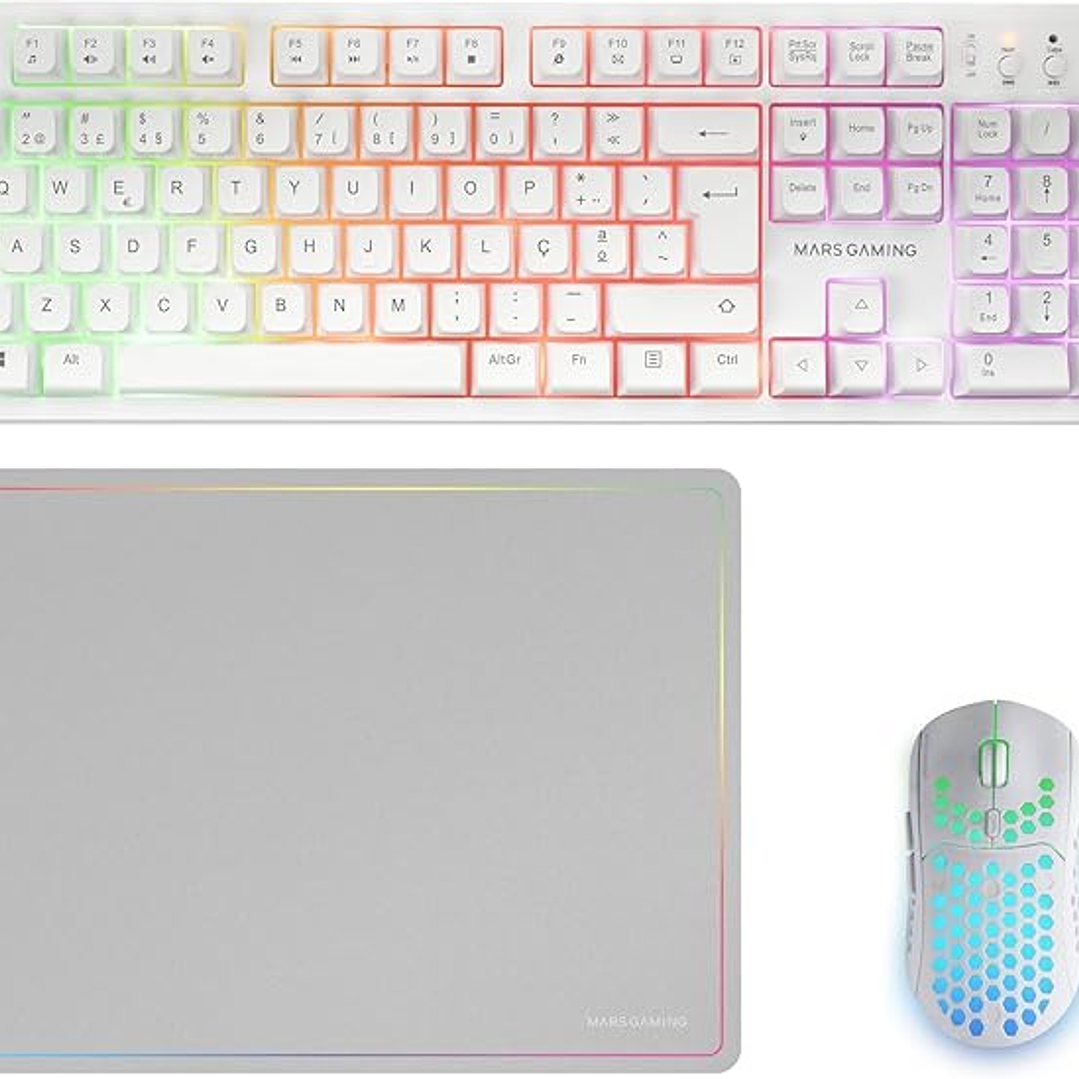 Mars Gaming MCPWX Combo Pack Gaming 3en1 - Teclado Hibrido H-Mech - Disposicion Italiana QWERTY IT - Raton 3200dpi - Switches HUANO - Color Blanco 1