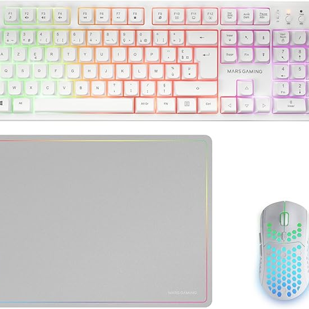 Mars Gaming MCPWX Combo Pack Gaming 3en1 - Teclado Hibrido H-Mech - Disposicion Francesa AZERTY FR - Raton 3200dpi - Switches HUANO - Color Blanco 1