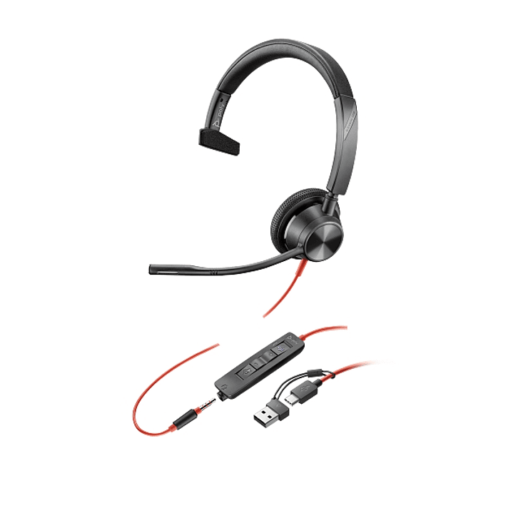 Plantronics/Poly Blackwire C3315 3,5mm y USB-C Auricular Monoaural con Microfono - Almohadilla Acolchada - Controles en Cable - Incluye Adaptador a US 1