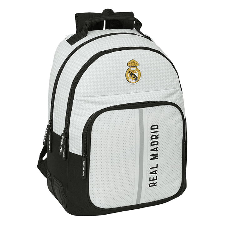 Safta Real Madrid 1ª Equipacion 24/25 Mochila - Adaptable a Carro - 2 Compartimentos - Asa de Mano - 32x42x15cm - Color Blanco/Negro 1
