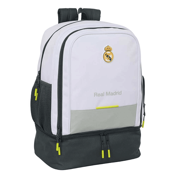 Safta Real Madrid Mochila Escolar de 42L - Portabotellas - Compartimento Semirigido Inferior - Bolsillos con Cremallera - 35x50x24cm - Color Blanco y  1