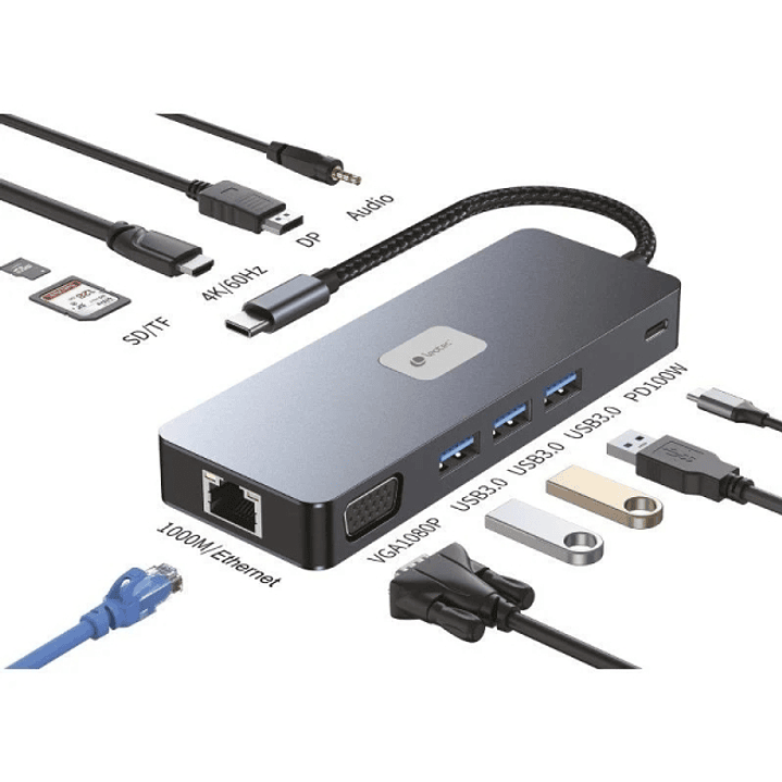Leotec Adaptador 11 en 1 Plus USB-C a 1xDisplayPort, 1xHDMI, 1xVGA, 1xRJ45, 3xUSB-A 3.2, 1xUSB-C PD, 1xTF+1xSD, 1x Audio - Color Gris 1