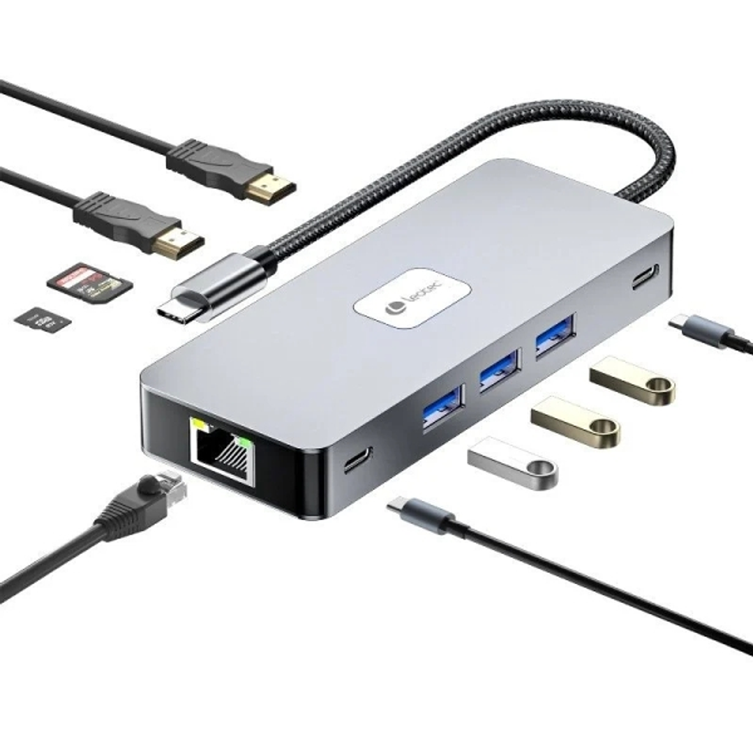 Leotec Adaptador 10 en 1 USB-C a 2xHDMI, 1xRJ45, 3xUSB-A 3.0, 1xUSB-C PD, 1xUSB-C, 1xTF/SD+1xMicroSD - Color Gris 1