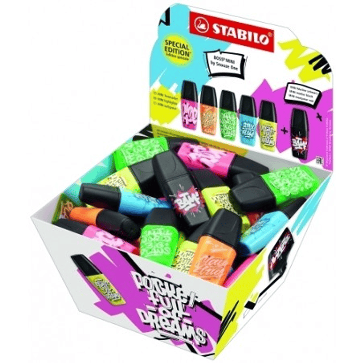 Stabilo Boss Mini by Snooze One Expositor con 50 Mini Marcadores Fluorescentes - Trazo entre 2 y 5mm - Tinta con Base de Agua - Antisecado - Colores S 1