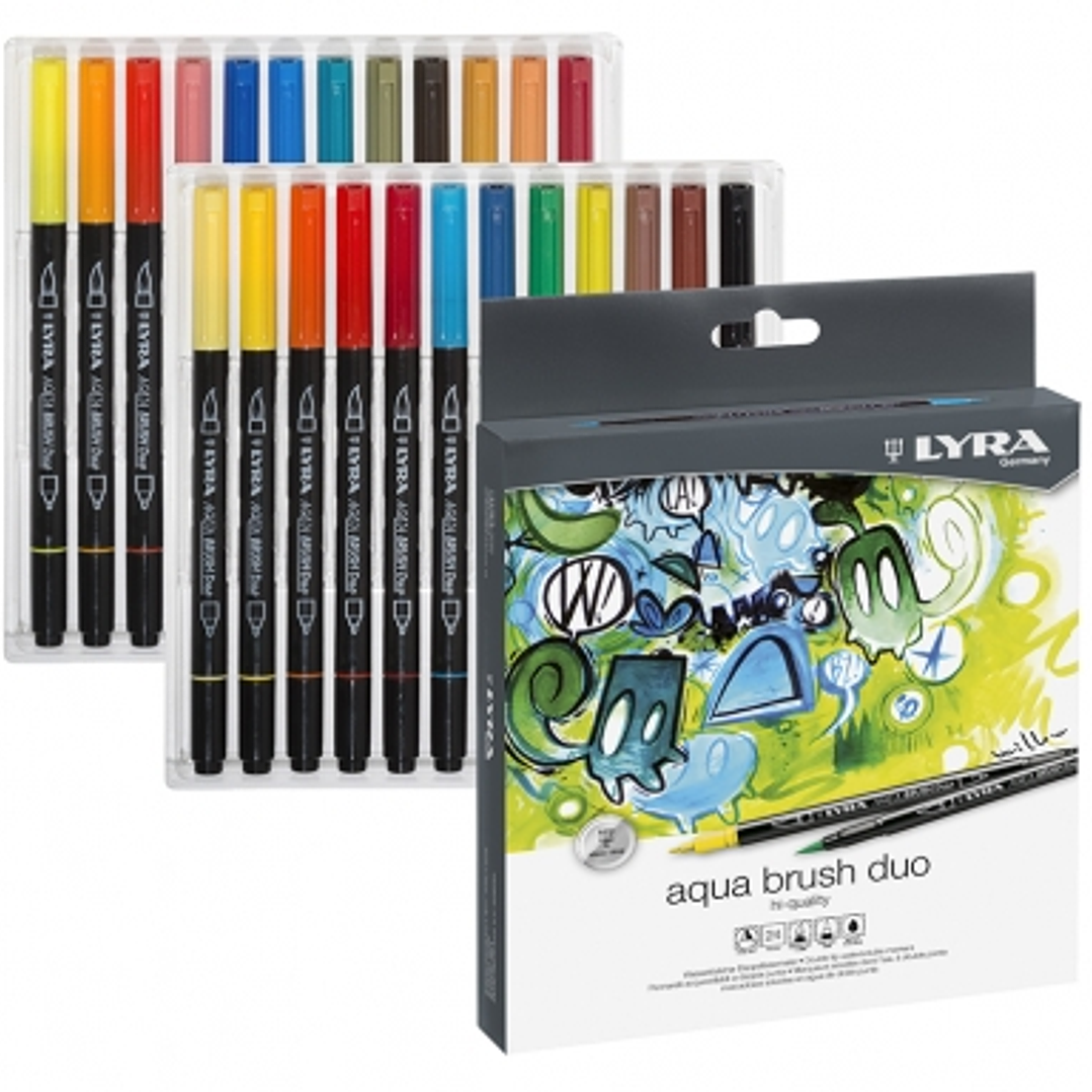 Lyra Aqua Brush Duo Pack 24 Rotuladores de Doble Punta - Punta Pincel 4mm, Punta Fina 2mm - Tinta Base de Agua - Colores Surtidos 1
