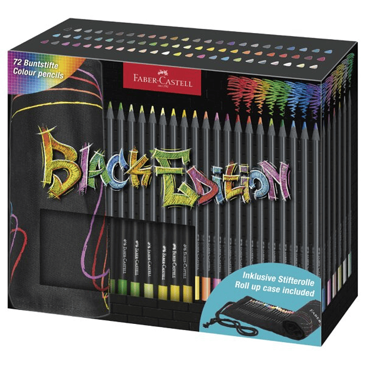 Faber-Castell Black Edition Pack Enrollable de 72 Lapices de Colores - Mina Supersuave - Madera Negra - Ideales para Dibujo sobre Papel Claro, Oscuro  1