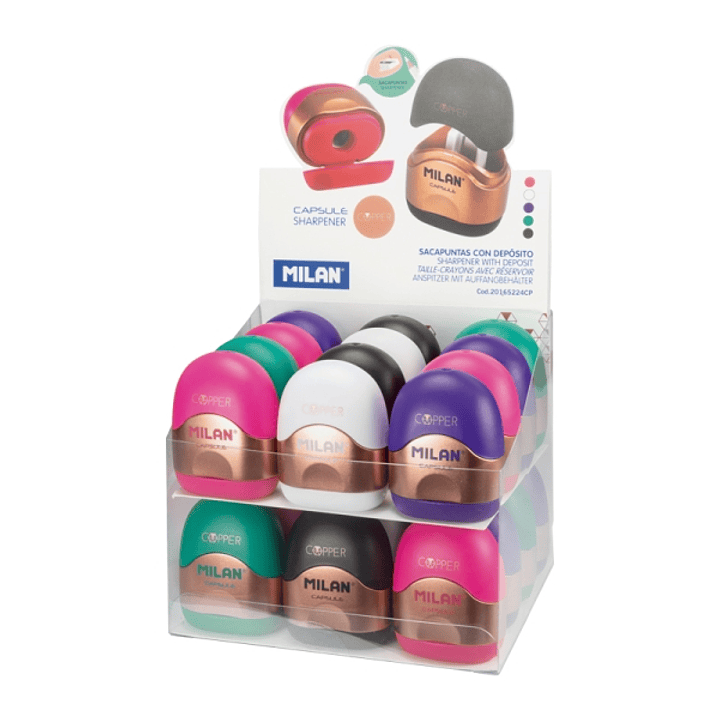 Milan Capsule Copper Expositor con 16 Afilaborras - Deposito Integrado - Cuchilla de Acero de Seguridad - Colores Surtidos 1