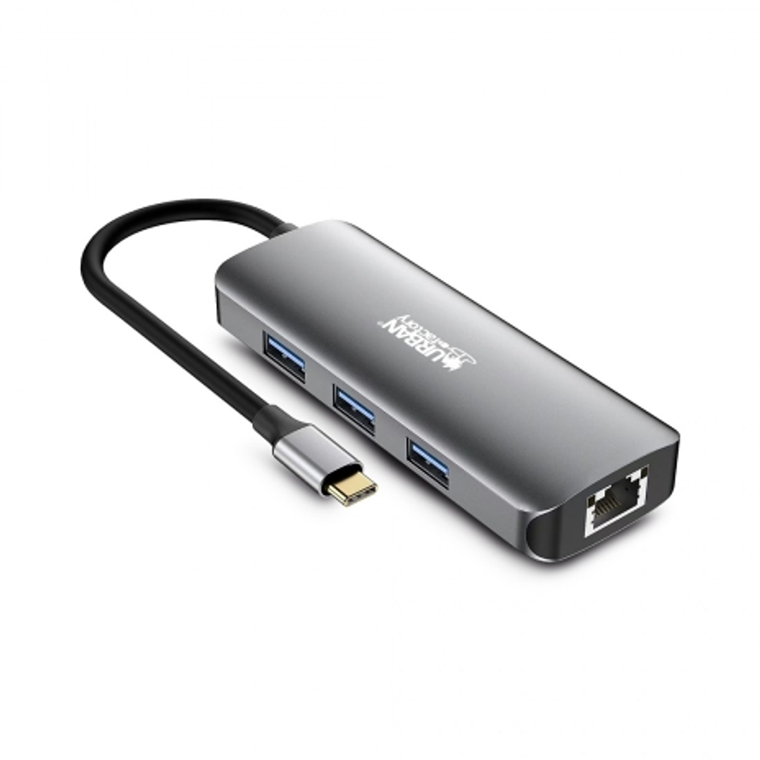 Urban Factory Hubee HUB 7 en 1 - USB-C Macho - USB-A/HDMI/RJ45/USB-C Hembra - 100W PD - Color Gris Metal 1