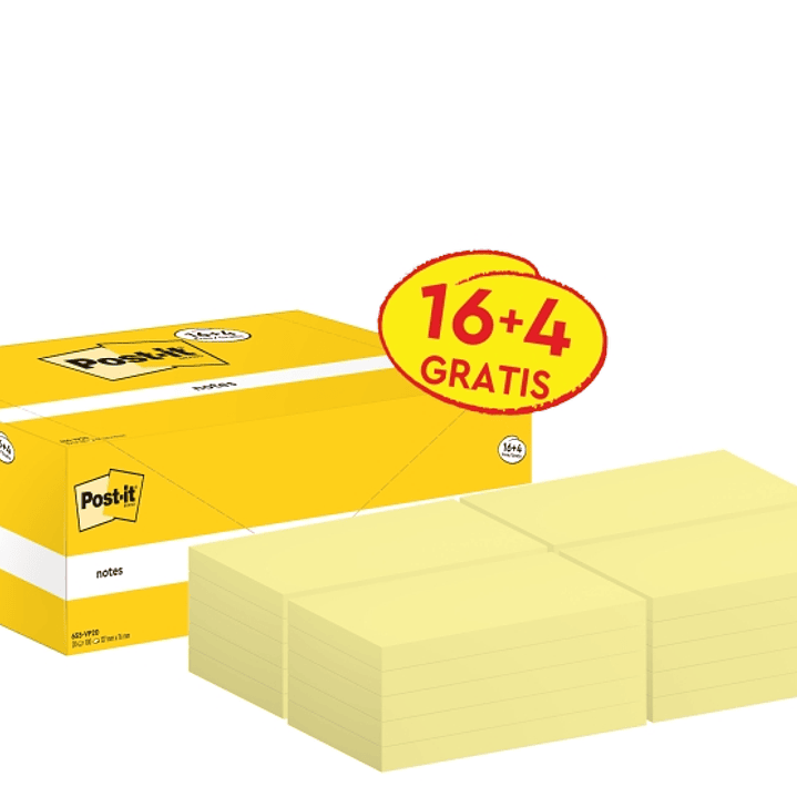 Post-It Pack de 20 Blocs de 100 Notas Adhesivas Reposicionables - Forma Rectangular - 76x127mm - Color Amarillo Claro 1