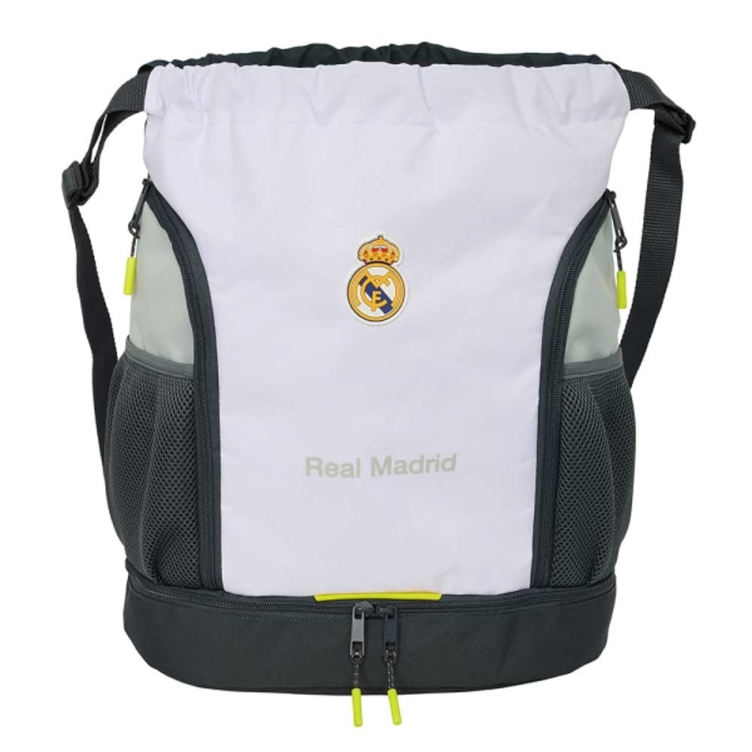 Safta Real Madrid Saco Mochila de 21.93L - Portabotellas - Hombreras Ajustables - Bolsillos con Cremallera - 35x40x1cm - Color Blanco y Negro 1