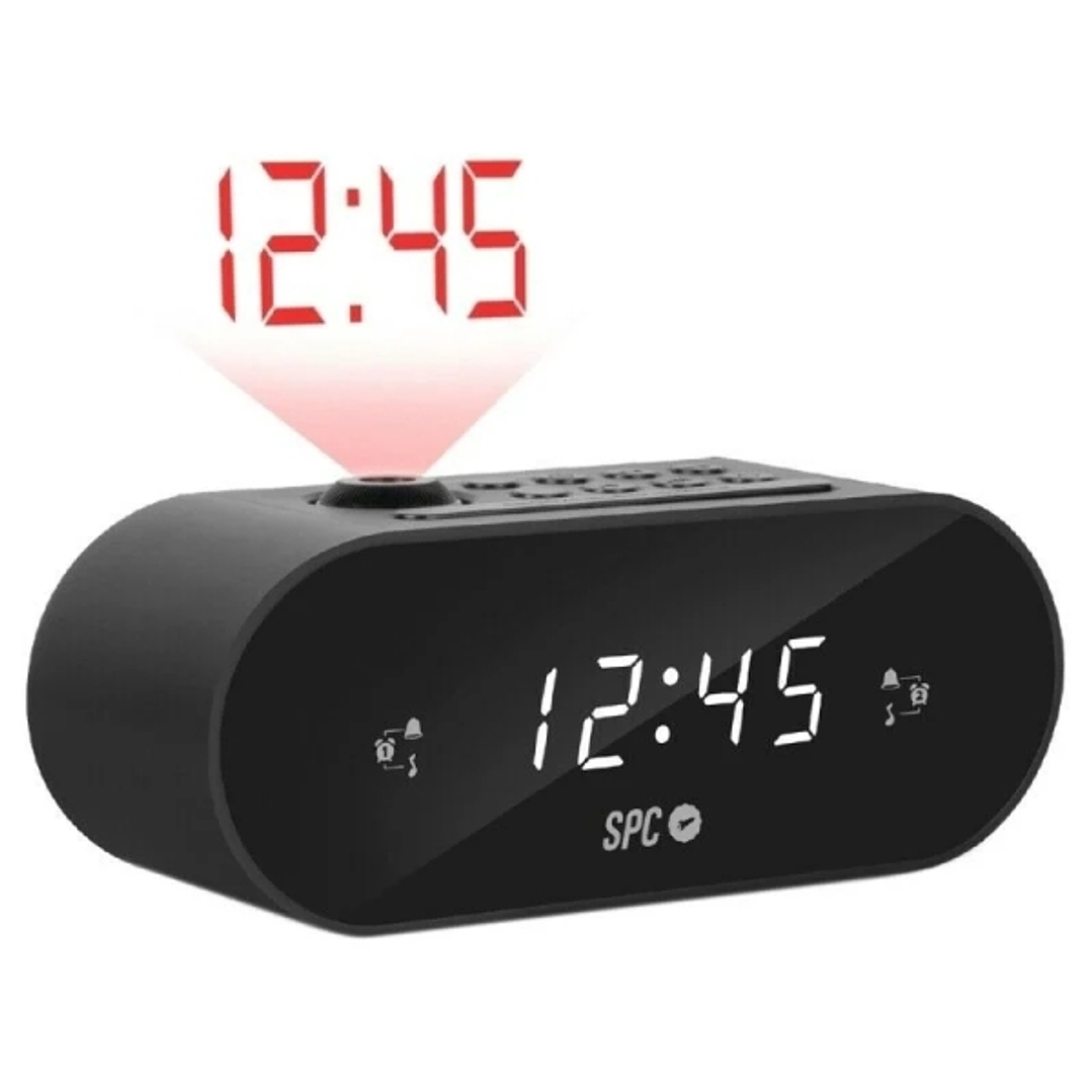 SPC Frodi Max Radio Despertador con Proyeccion - Pantalla LED con Brillo Regulable - Boton Snooze - Almacena Emisoras de Radio - Color Negro 1