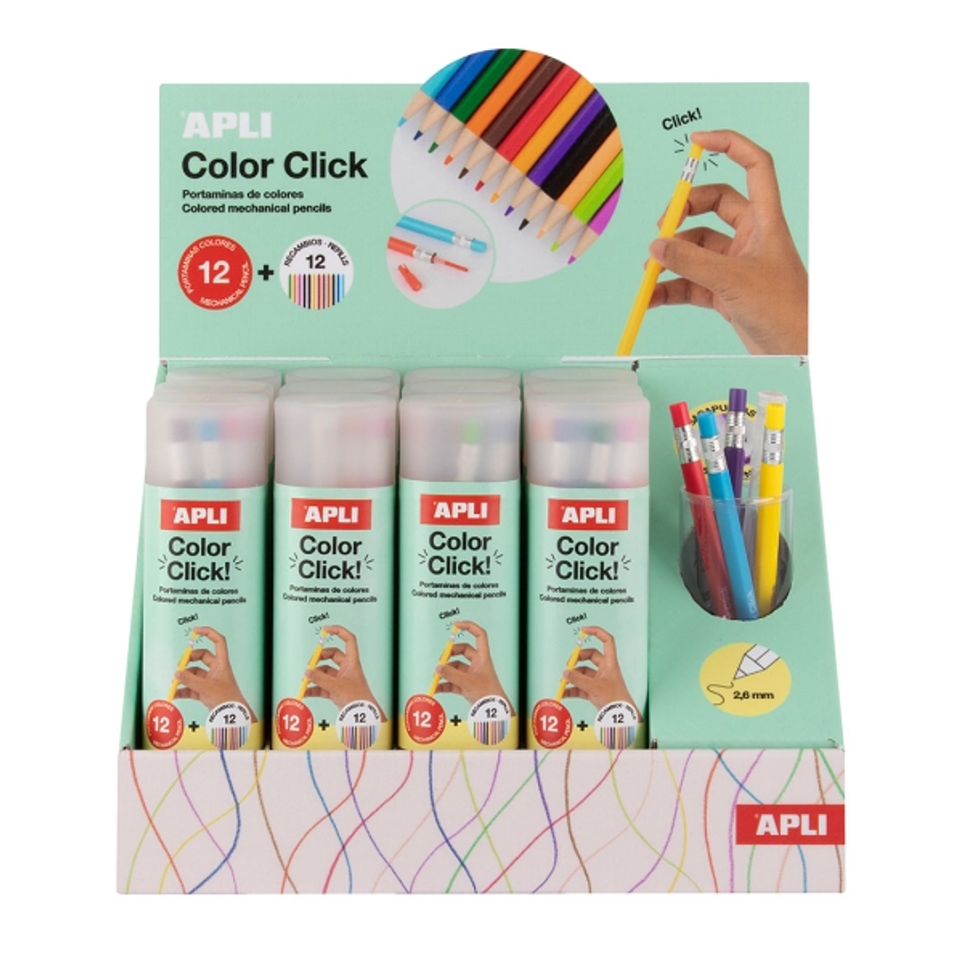 Apli Color Clik Expositor con 12 Pack de 12 Portaminas con Minas de Colores 2.6mm + 12 Recambios + 1 Sacapuntas - Forma Redonda - Colores Surtidos 1