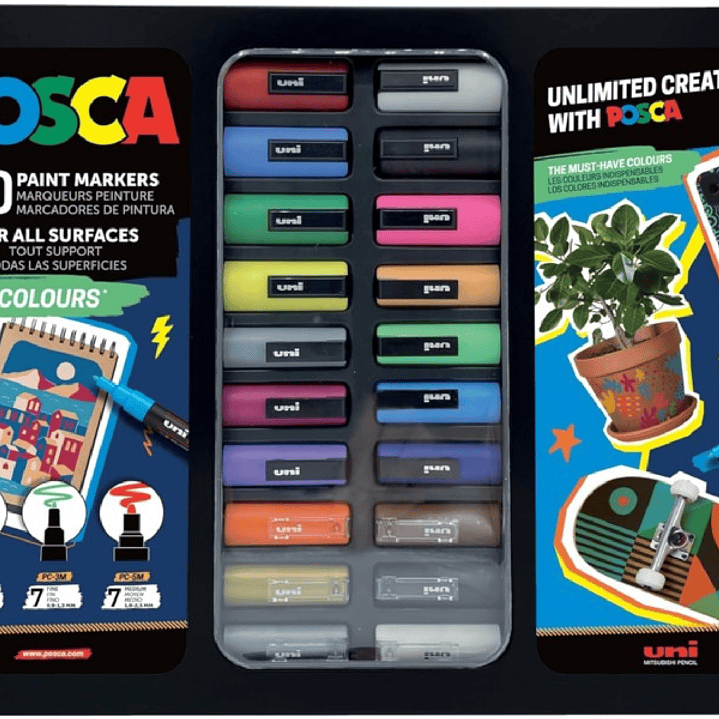 Posca Pop Colours Maleta Metalica con 20 Marcadores de Pintura - Surtido en Color y Trazo - Punta de Poliester - Tinta Pigmentada Base Agua - Resisten 1