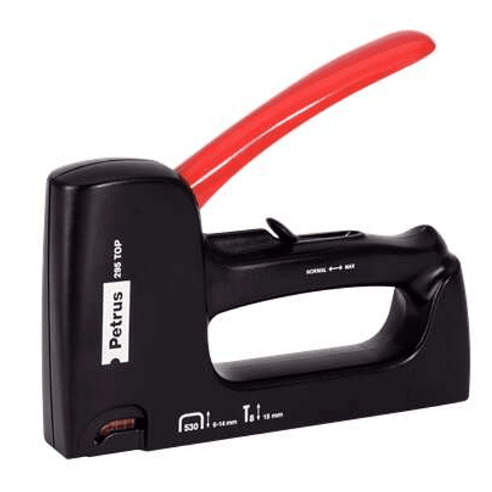 Petrus 295 Top Clavadora/Grapadora - Para Grapas 530/6 a 14mm y Pins Tipo 8 de 15mm - Ajuste de Potencia - Color Negro/Rojo 1