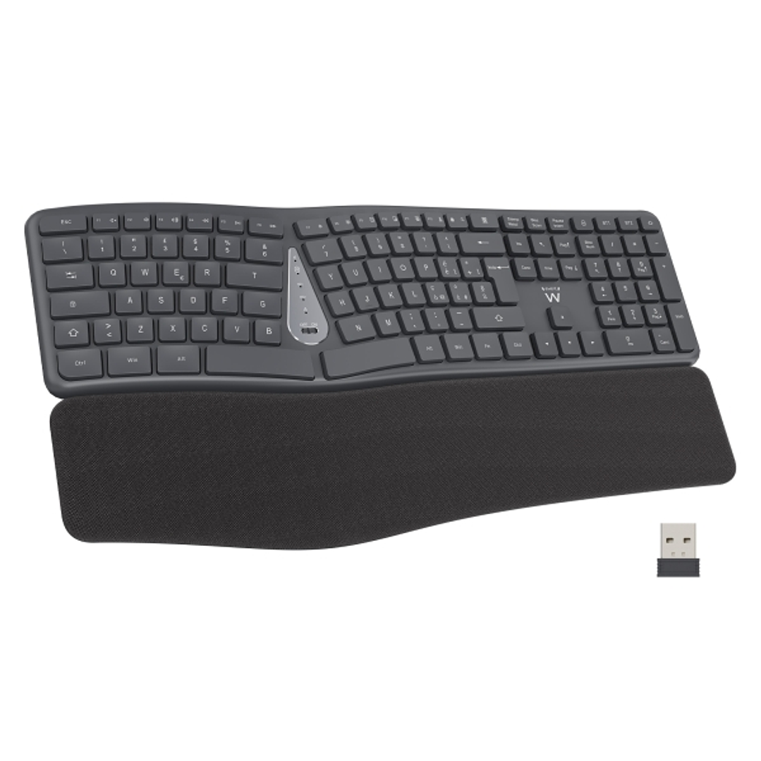 Ewent Teclado Inalambrico - Ergonomico - Bateria de Litio Recargable de 300mAh - Disposicion Portuguesa QWERTY PT - Teclas de Bajo Perfil y Silenciosa 1