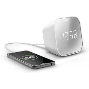 Philips Radio Reloj Despertador FM con Cargador USB - Pantalla LED con Acabado Espejo - Temporizador - Funcion de Repeticion - 11x11x7.5cm - Color Bla