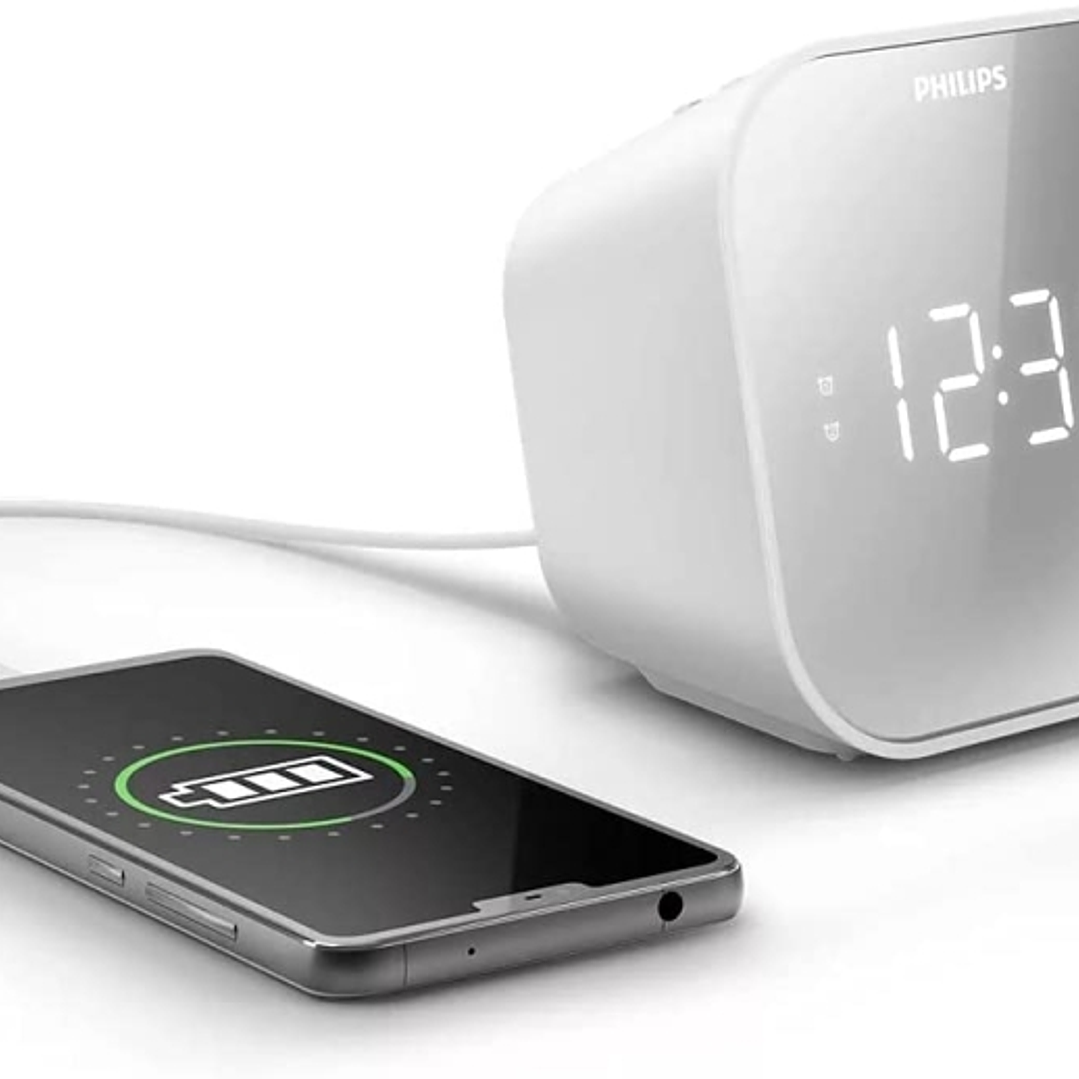 Philips Radio Reloj Despertador FM con Cargador USB - Pantalla LED con Acabado Espejo - Temporizador - Funcion de Repeticion - 11x11x7.5cm - Color Bla 1