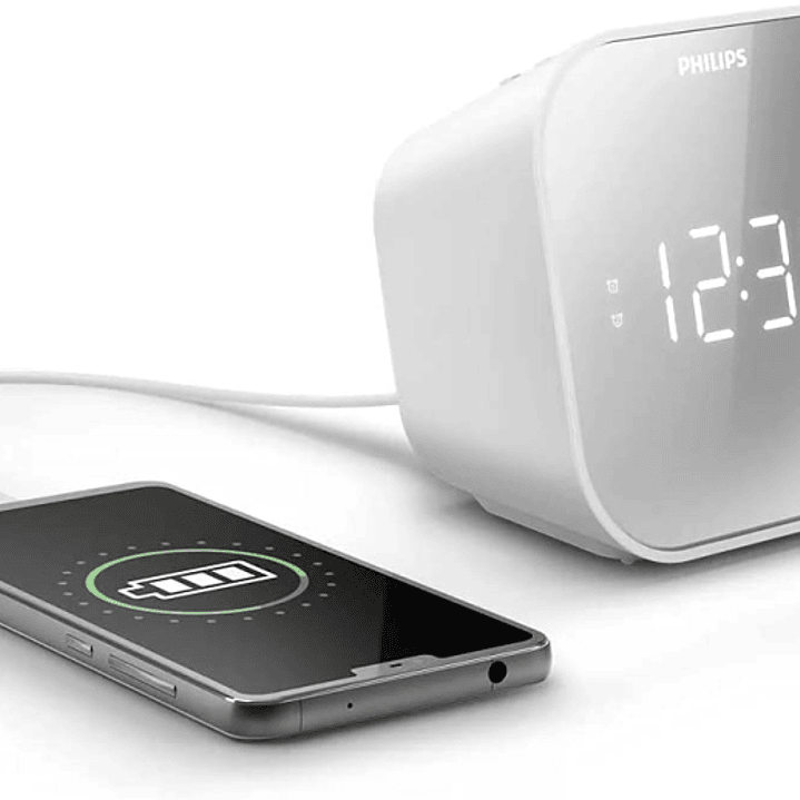 Philips Radio Reloj Despertador FM con Cargador USB - Pantalla LED con Acabado Espejo - Temporizador - Funcion de Repeticion - 11x11x7.5cm - Color Bla 1