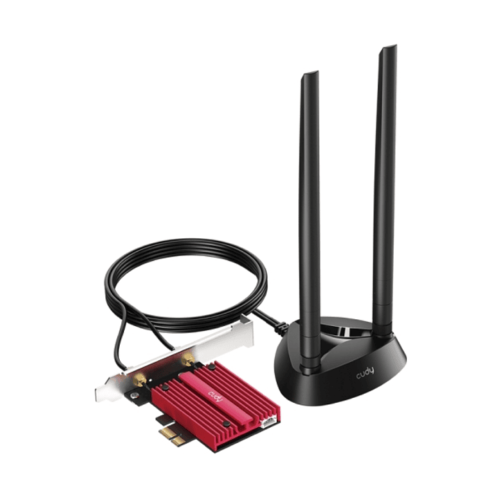 Cudy Adaptador de Red PCIe Tribanda WiFi 7 BE9300 - Bluetooth 5.4 - Disipador Termico - Base de Antena Magnetizada - Color Negro/Rojo 1