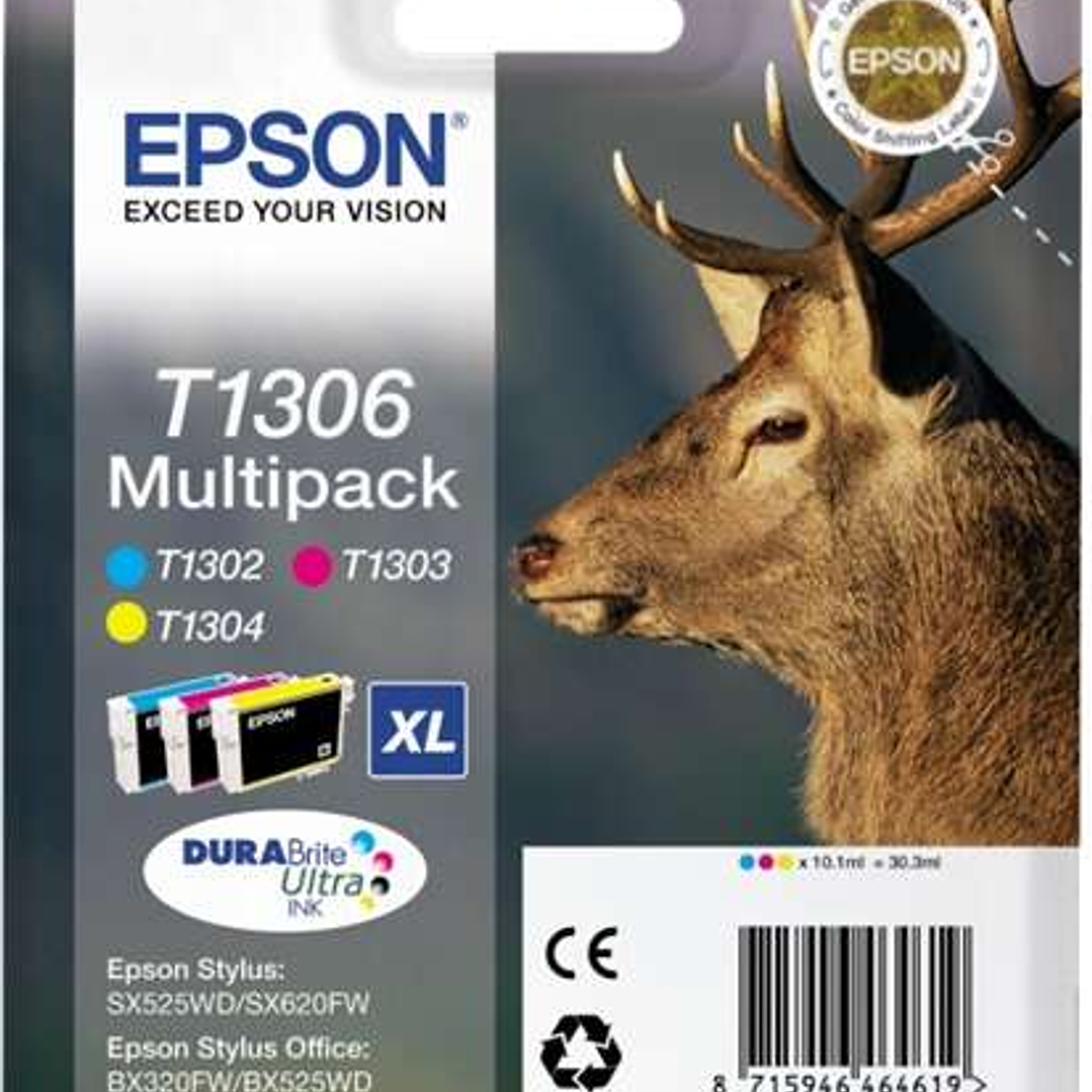 Epson T1306 Pack de 3 Cartuchos de Tinta Originales - Cian, Magenta, Amarillo - C13T13064012 1