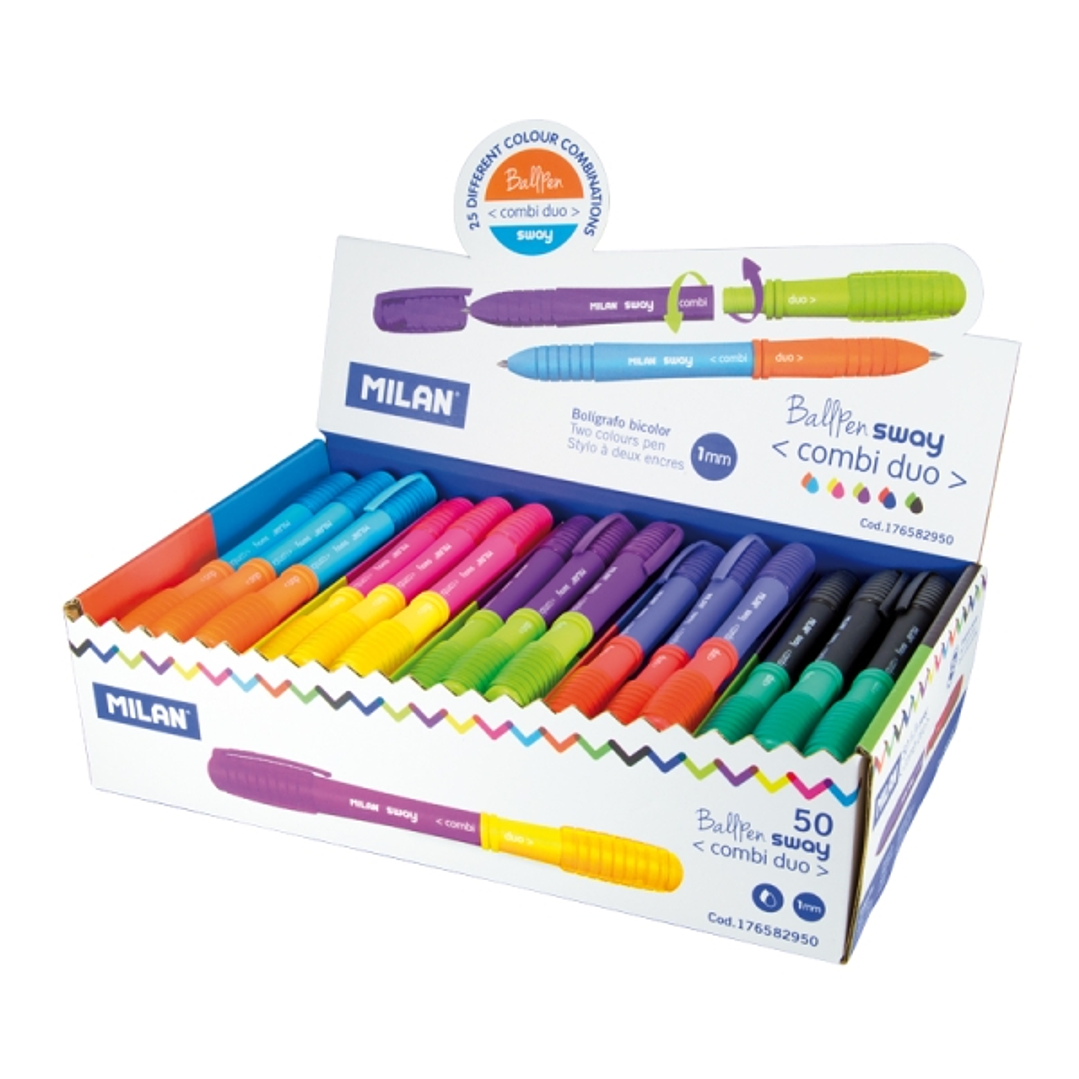 Milan Sway Combi Duo Expositor con 50 Boligrafos de Bola Retractiles - Punta Redonda 1mm - Doble Punta Intercambiable - Colores Surtidos 1