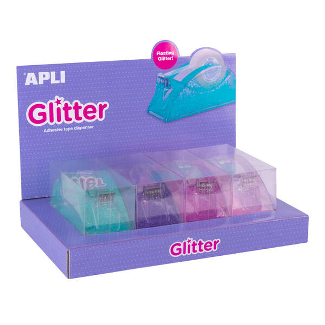Apli Expositor Portarrollos Cinta Adhesiva Glitter Collection - 19x33mm - 4 Portarrollos Metacrilato Purpurina - Cuchilla Dentada - Dispensador Establ 1