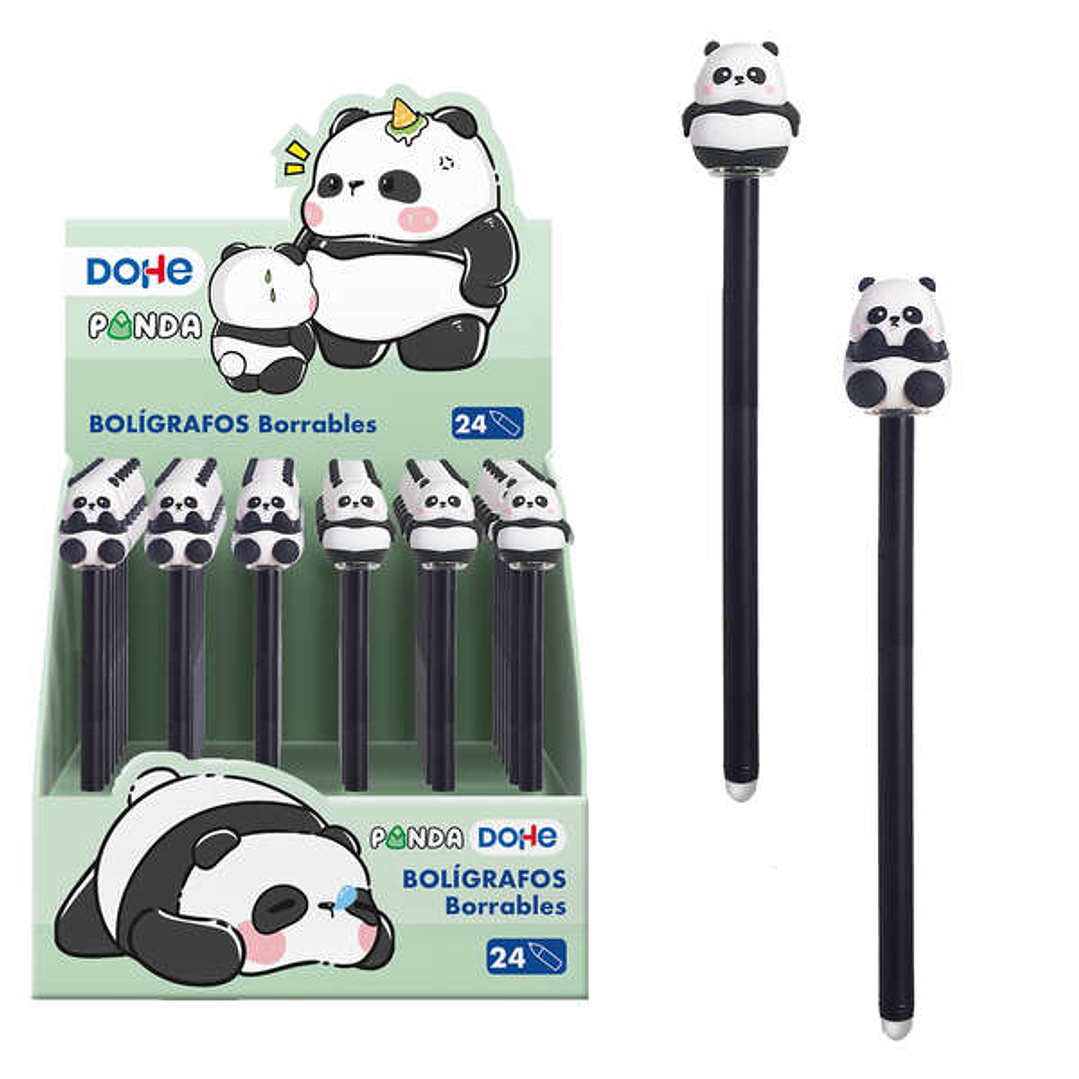 Dohe Expositor de 24 Boligrafos Tinta Borrable - Punta Bola Metalica 1mm - Trazo 0.5mm - Tapa Decorada Motivos Oso Panda - Tinta Azul 1