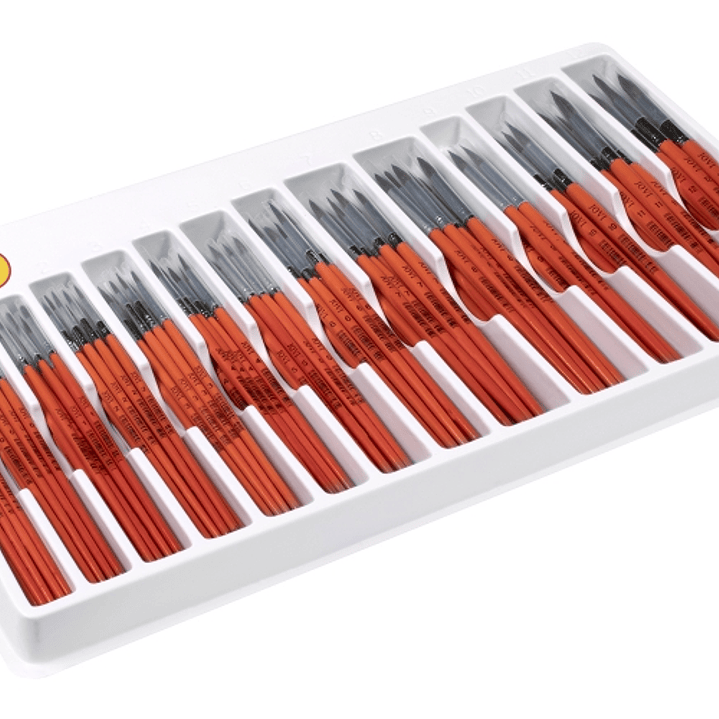 Jovi Caja Expositora de 144 Pinceles Artisticos Pelo Poney Surtidos - Pelo Natural - Mango de Madera - Calibre 00 al 12 - Punta Redonda - Pelo Suave - 1