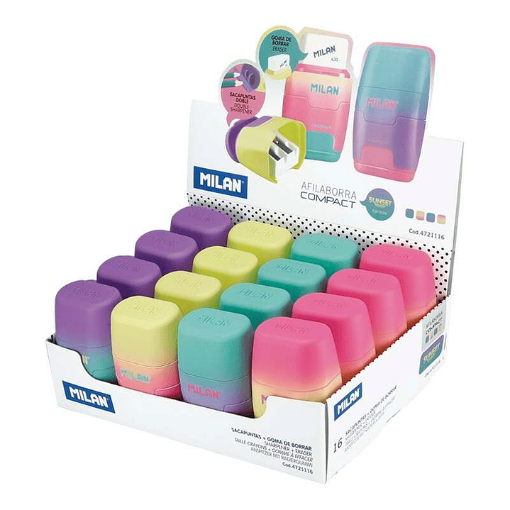Milan Compact Sunset Expositor de 16 Afilaborras - Uso Estandar y Maxi - Cuchilla de Acero  - Goma de Borrar - Cuchilla de Seguridad - Colores Surtido 1