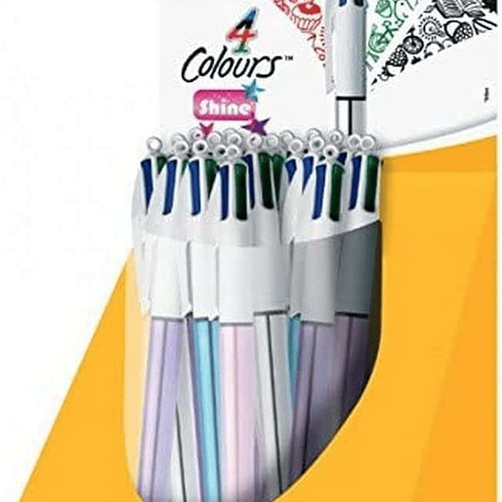 Bic 4 Colours Shine Expositor de 20 Boligrafos de Bola Retractil - Punta Media de 1.0mm - Tinta con Base de Aceite - Cuerpo de Colores Metalicos Surti 1