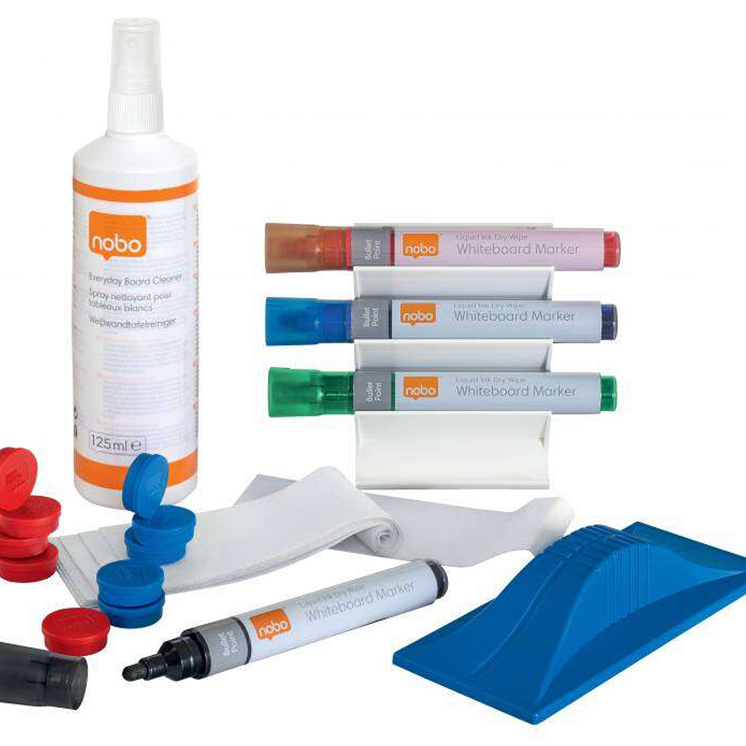 Nobo Pack de Accesorios para Pizarra Blanca - Incluye 4 Rotuladores, Borrador Magnetico, Spray de Limpieza y 10 Imanes - Practico y Completo 1