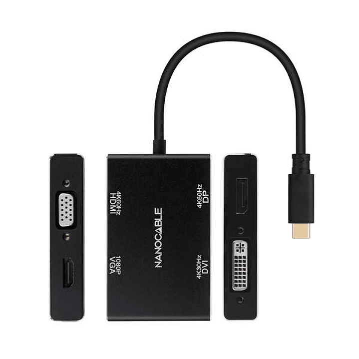 Nanocable Conversor USB-C/M a HDMI/H + DVI/H + DP/H + VGA/H - 10cm - Color Negro 1