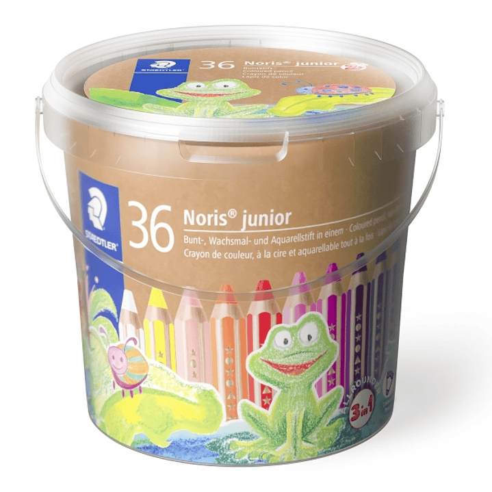 Staedtler Noris Junior Bote con 36 Lapices de Colores Extragruesos + 3 Sacapuntas + Pincel - 3 en 1, Lapiz, Cera y Acuarelable - Colores Surtidos 1