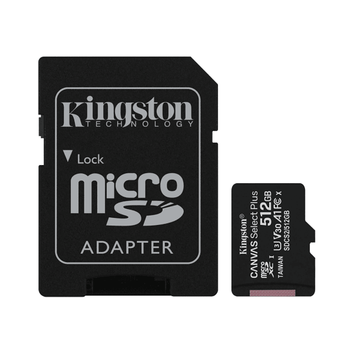 Kingston Tarjeta Micro SDXC 512GB Clase 10 100MB/s Canvas Select Plus + Adaptador SD 1