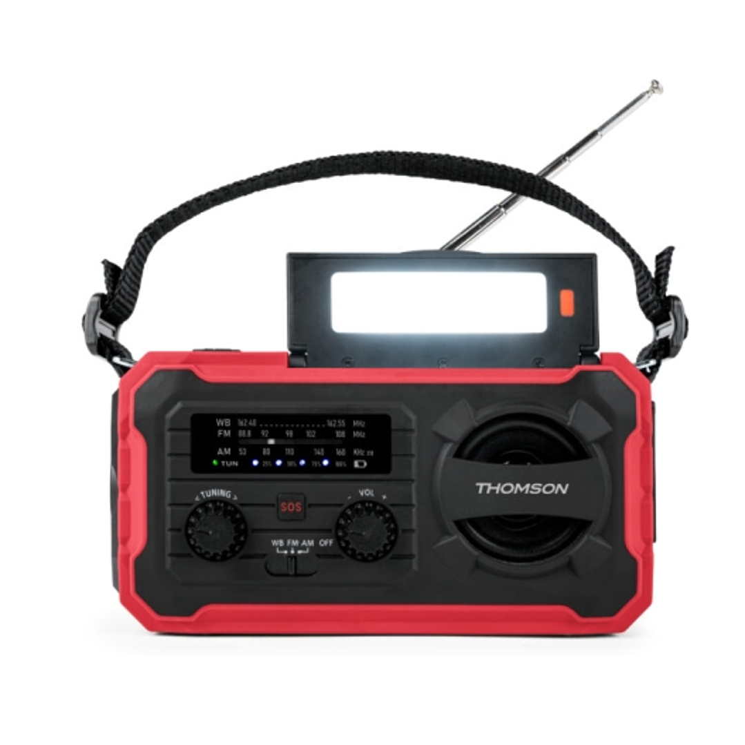 Thomson Radio Solar Portatil SOS - AM/FM - Bateria de 8000mAh - Linterna de Emergencia - 3 Modos de Carga - Funcion Powerbank - Color Rojo 1