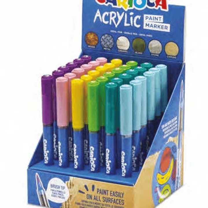 Carioca Acrylic Expositor con 36 Marcadores de Pintura Acrilica - Punta Pincel - Tinta a Base de Agua - Alta Cobertura - Colores Surtidos 1