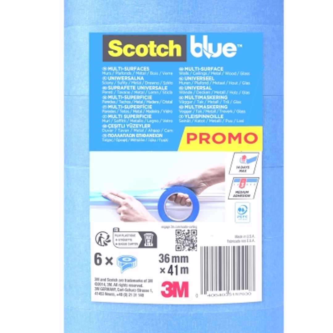 Scotchblue Pack de 6 Cintas de Enmascarar - 36mm x 41m - 100% PEFC - Multisuperficie - Color Azul 1